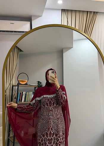 Bordo Uzun Kol Desenli Bohem Abiye Elbise - Görsel 3