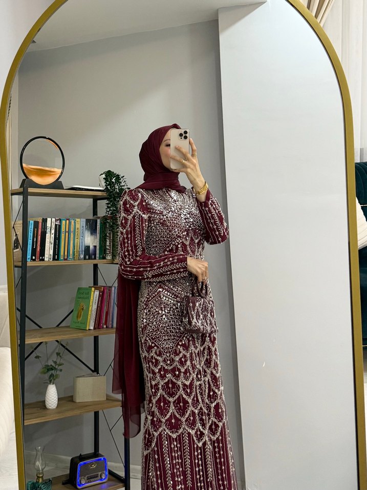 Bordo Uzun Kol Desenli Bohem Abiye Elbise - Görsel 2