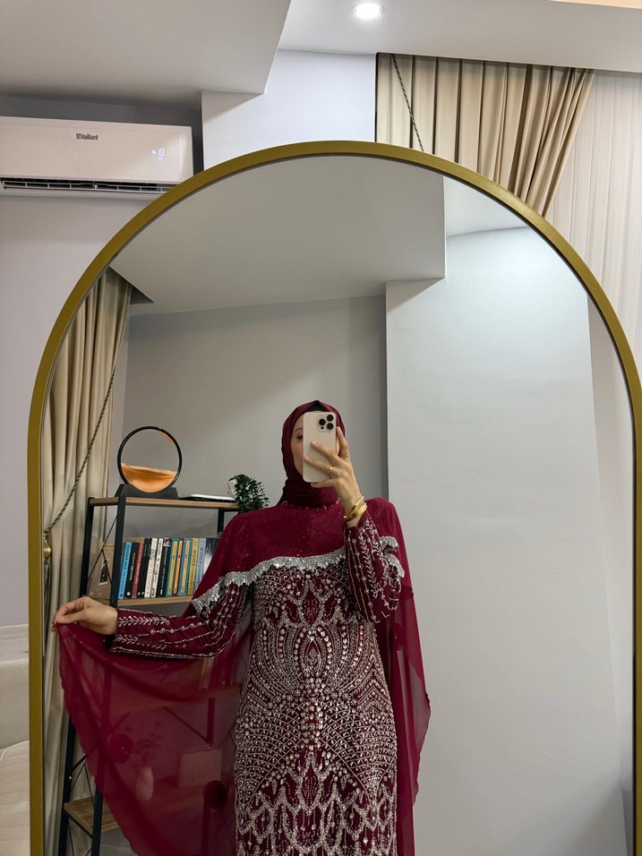 Bordo Uzun Kol Desenli Bohem Abiye Elbise - Görsel 3