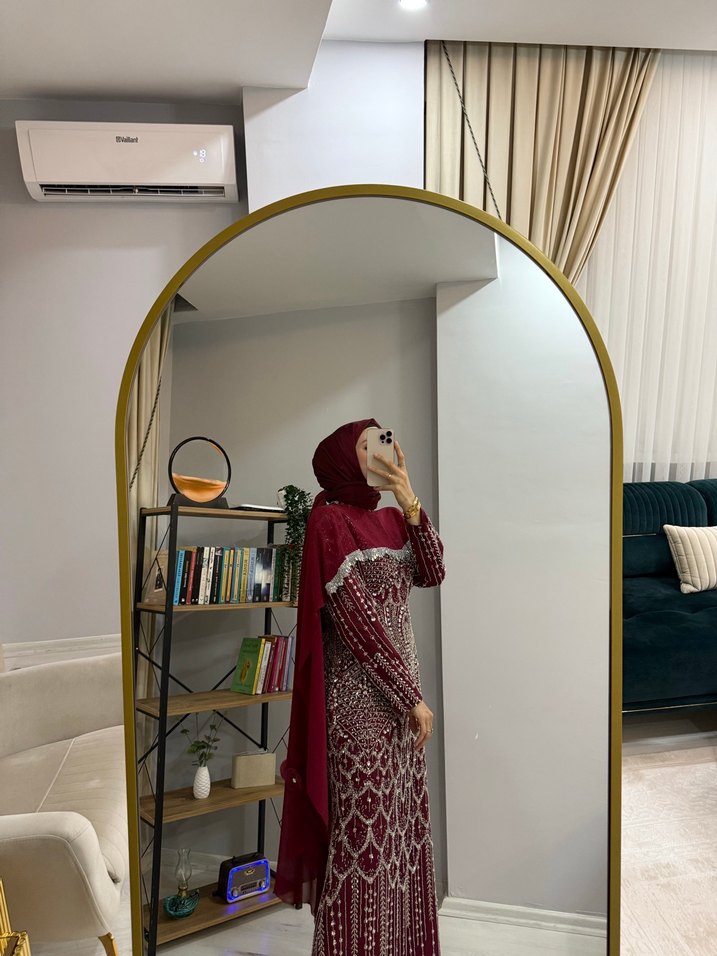 Bordo Uzun Kol Desenli Bohem Abiye Elbise - Görsel 4