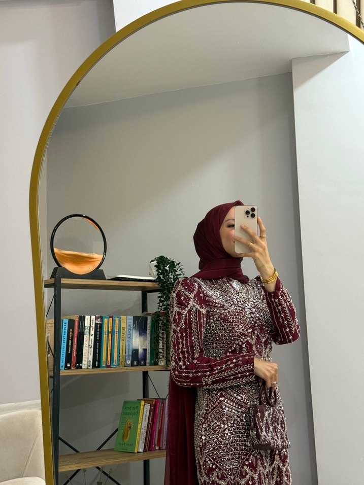 Bordo Uzun Kol Desenli Bohem Abiye Elbise - Görsel 5