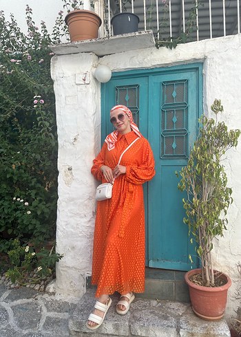 Turuncu Puantiyeli Uzun Salaş Elbise - Görsel 5