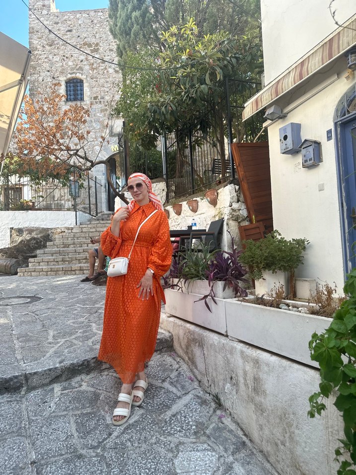 Turuncu Puantiyeli Uzun Salaş Elbise - Görsel 4