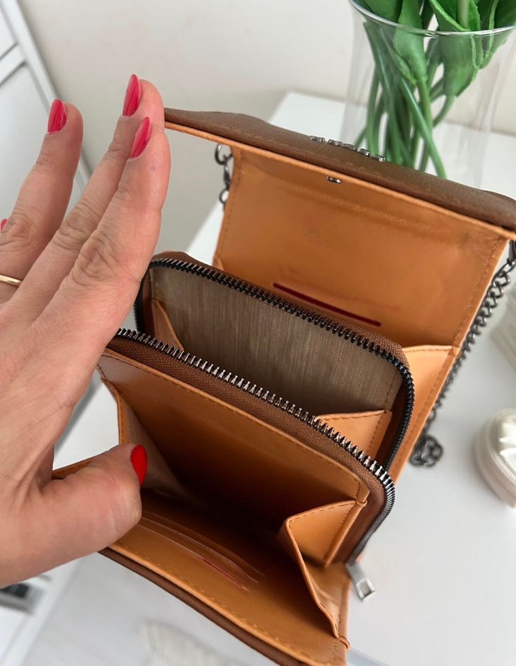 Zincir Detaylı Kahverengi Deri Kadın Çapraz Çanta - Görsel 2