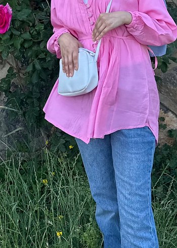 Büzgülü ve Kemerli Pembe tunik gömlek