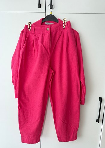 Düğmeli Pembe Keten Mini Gömlek pant takım - Görsel 5