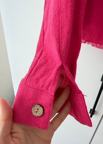 Düğmeli Pembe Keten Mini Gömlek pant takım - Görsel 3