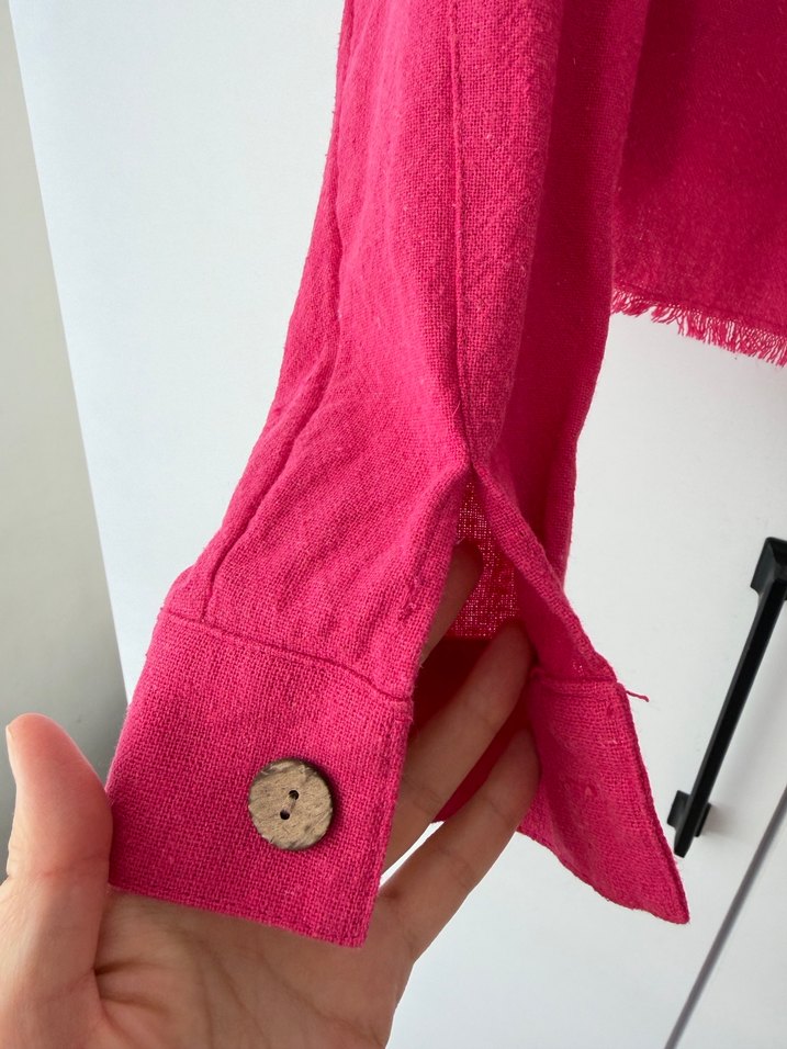 Düğmeli Pembe Keten Mini Gömlek pant takım - Görsel 3