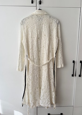 Dantel Detaylı Uzun Beyaz Keten sabahlık - Görsel 5