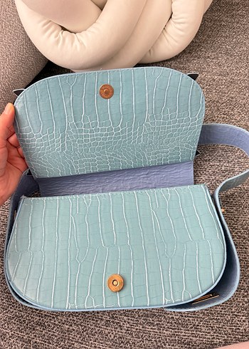 Mavi Deri Kadın Çanta - Tokalı, Yılan Desenli - Görsel 7