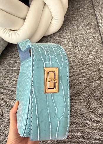 Mavi Deri Kadın Çanta - Tokalı, Yılan Desenli - Görsel 6