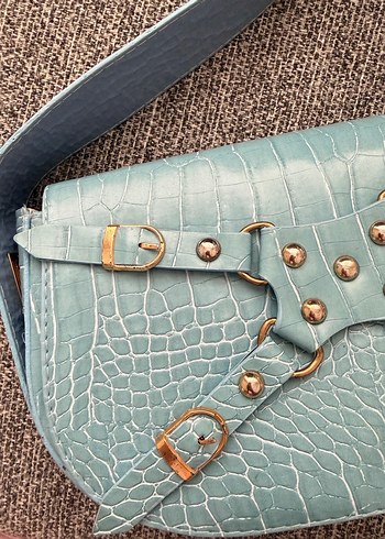 Mavi Deri Kadın Çanta - Tokalı, Yılan Desenli - Görsel 4