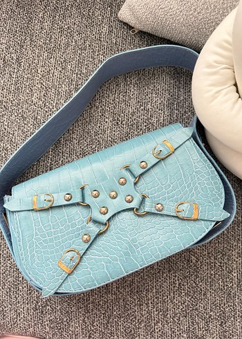 Mavi Deri Kadın Çanta - Tokalı, Yılan Desenli - Görsel 3