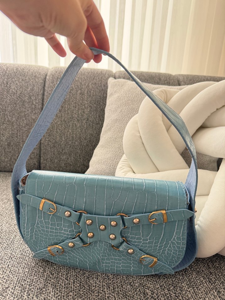 Mavi Deri Kadın Çanta - Tokalı, Yılan Desenli - Görsel 2