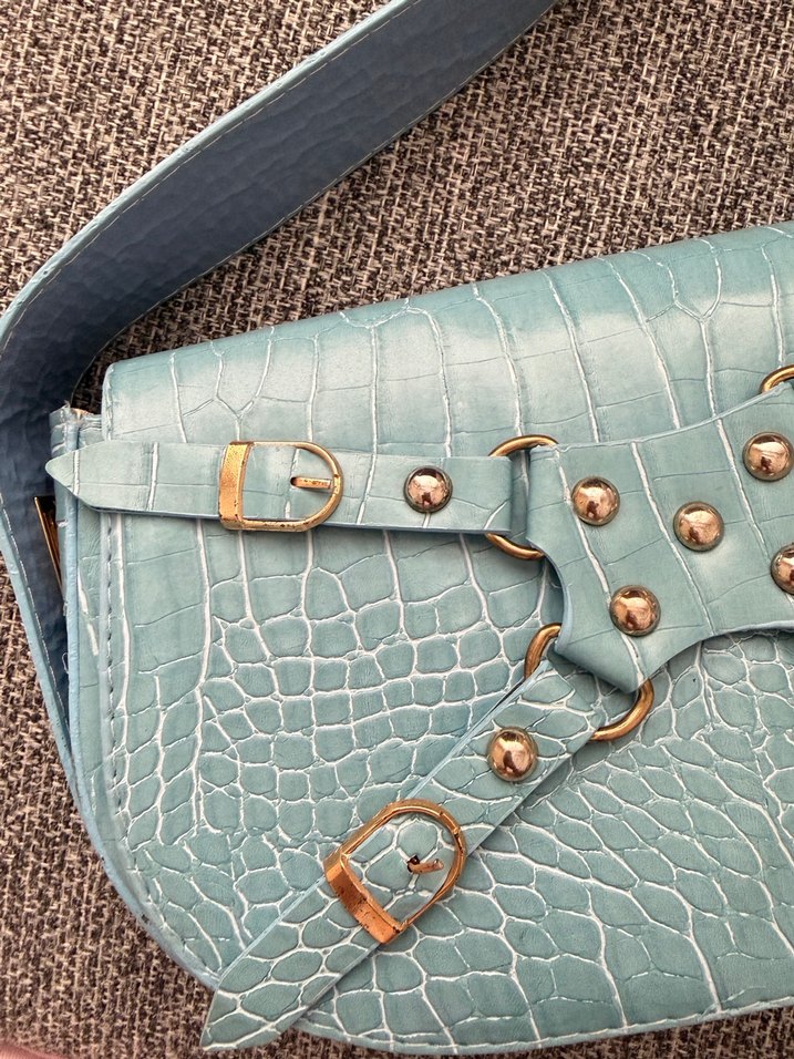 Mavi Deri Kadın Çanta - Tokalı, Yılan Desenli - Görsel 4