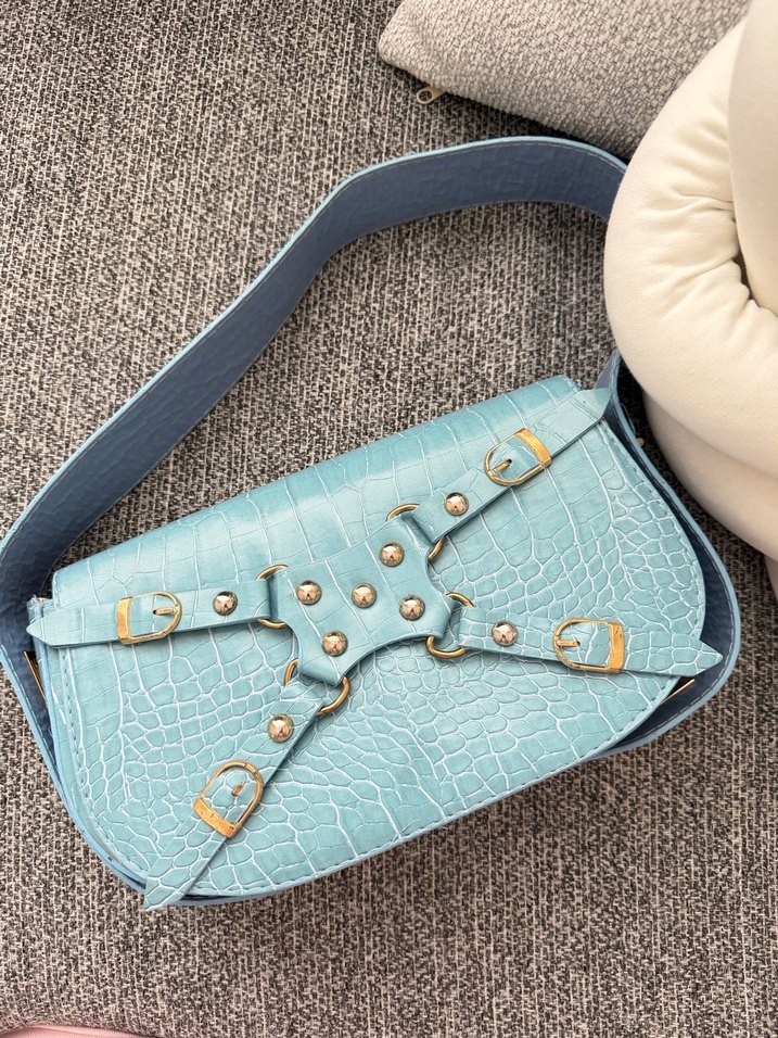 Mavi Deri Kadın Çanta - Tokalı, Yılan Desenli - Görsel 3