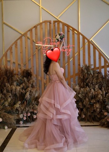 Pembe Uzun Kat Katlı Nişan Elbisesi - Görsel 2