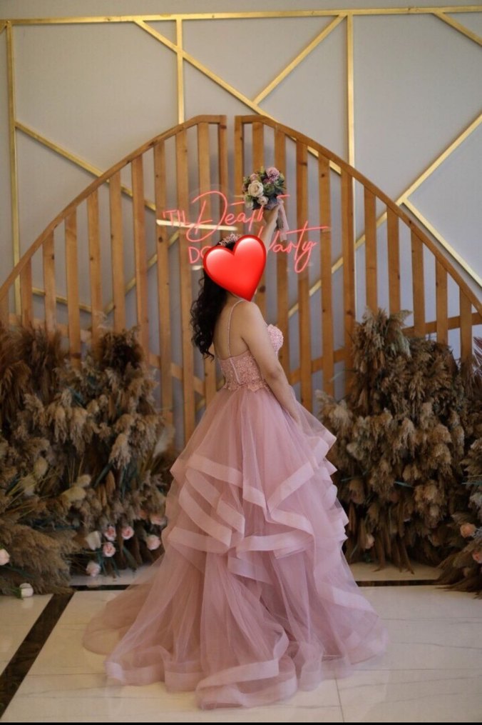 Pembe Uzun Kat Katlı Nişan Elbisesi - Görsel 2