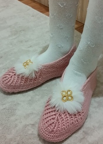 Kızlar için Pembe Örgü Sıcak Ev Terliği - Görsel 3