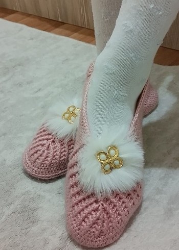 Kızlar için Pembe Örgü Sıcak Ev Terliği - Görsel 2