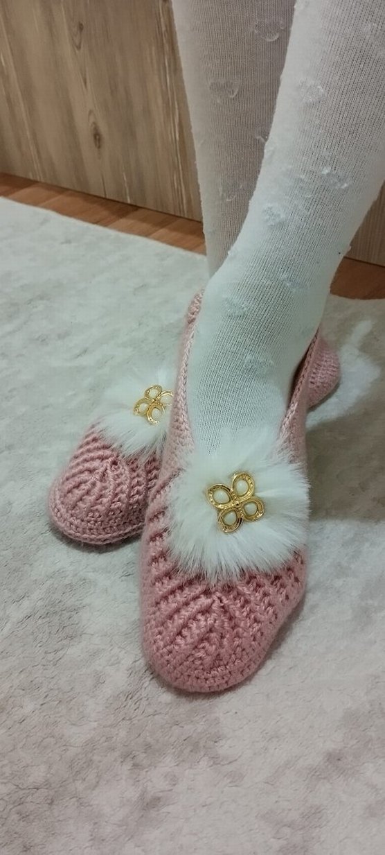 Kızlar için Pembe Örgü Sıcak Ev Terliği - Görsel 2