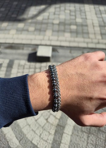 Siyah Hematit Taş ve Zincir Çelik Bileklik - Görsel 3