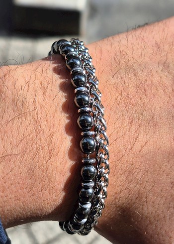Siyah Hematit Taş ve Zincir Çelik Bileklik - Görsel 4