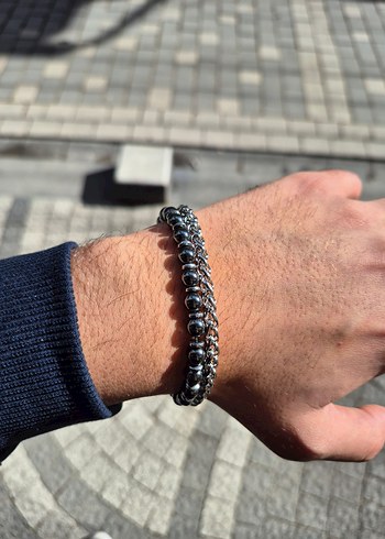 Siyah Hematit Taş ve Zincir Çelik Bileklik - Görsel 2