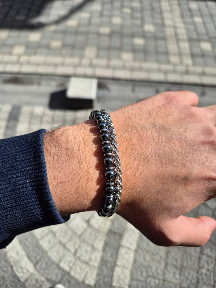 Siyah Hematit Taş ve Zincir Çelik Bileklik - Görsel 2