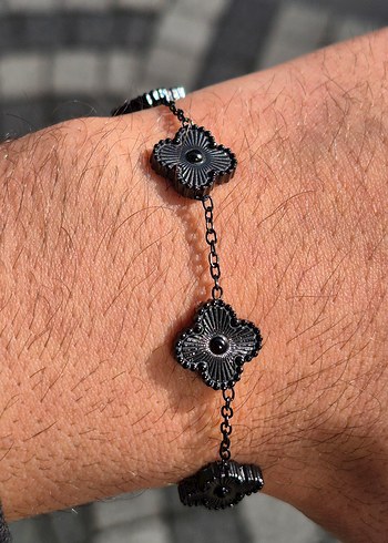 Siyah Van Cleef Yonca Çelik Unisex Bileklik - Görsel 3