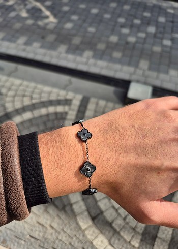 Siyah Van Cleef Yonca Çelik Unisex Bileklik - Görsel 2