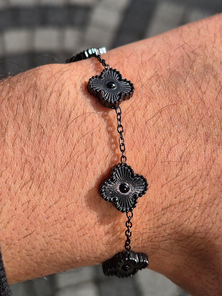 Siyah Van Cleef Yonca Çelik Unisex Bileklik - Görsel 3