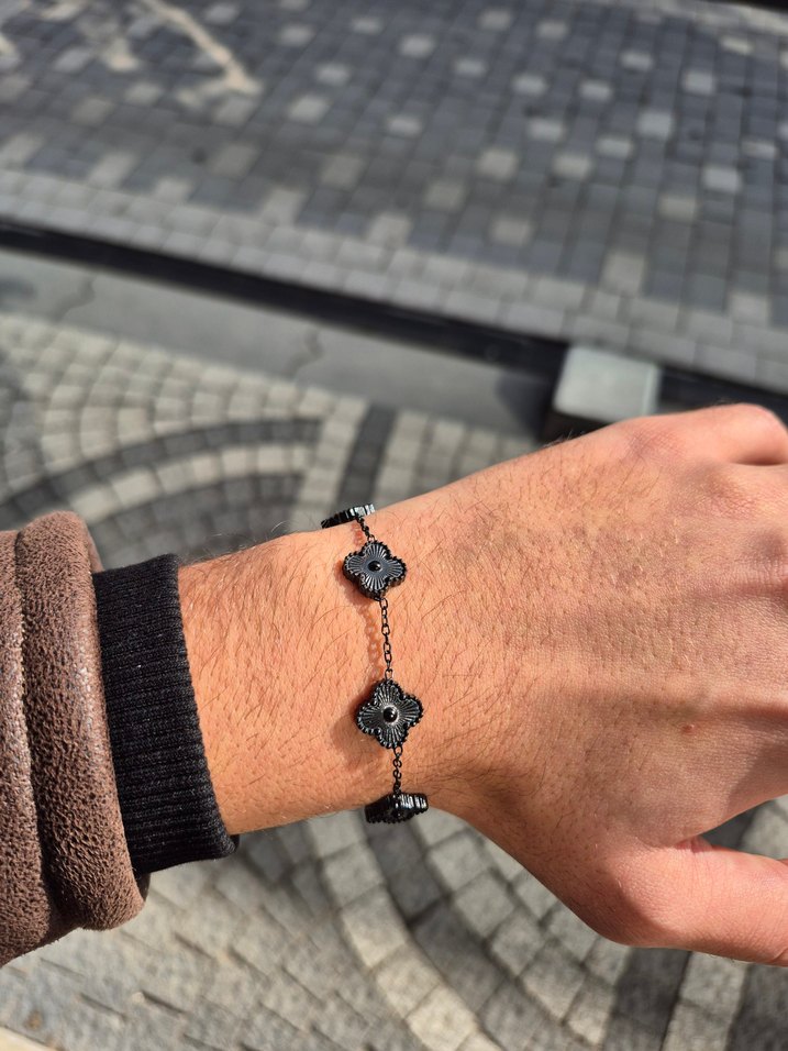 Siyah Van Cleef Yonca Çelik Unisex Bileklik - Görsel 2