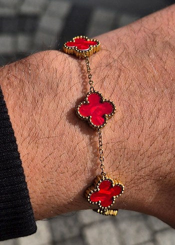 Kırmızı Van Cleef Çelik Unisex Bileklik - Görsel 3