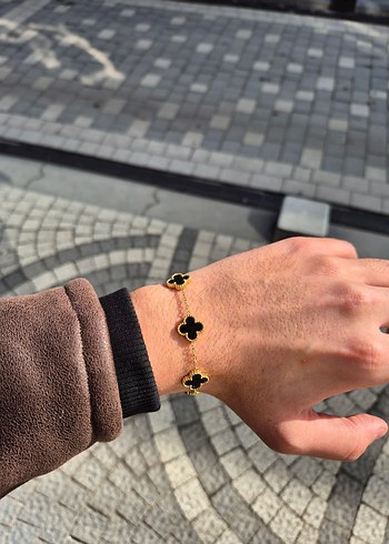 Gold Siyah Van Cleef Yonca Unisex Çelik Bileklik - Görsel 2