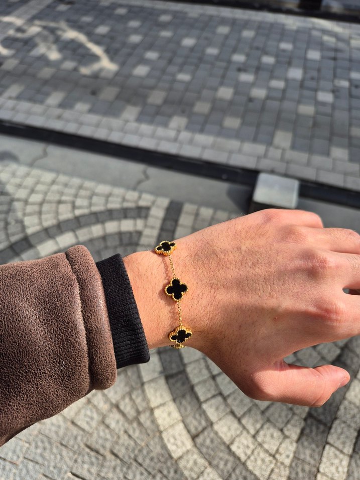 Gold Siyah Van Cleef Yonca Unisex Çelik Bileklik - Görsel 2