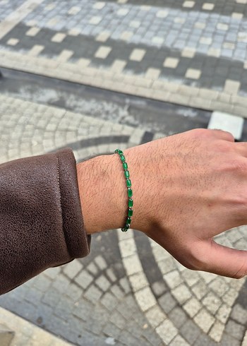 Zümrüt Yeşili Sıra Taş Unisex Çelik Bileklik - Görsel 3