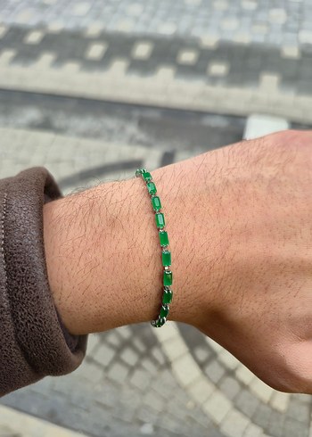 Zümrüt Yeşili Sıra Taş Unisex Çelik Bileklik - Görsel 2