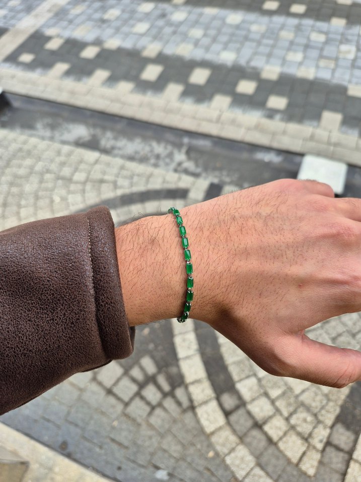 Zümrüt Yeşili Sıra Taş Unisex Çelik Bileklik - Görsel 3
