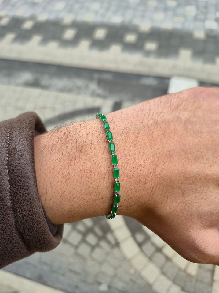 Zümrüt Yeşili Sıra Taş Unisex Çelik Bileklik - Görsel 2