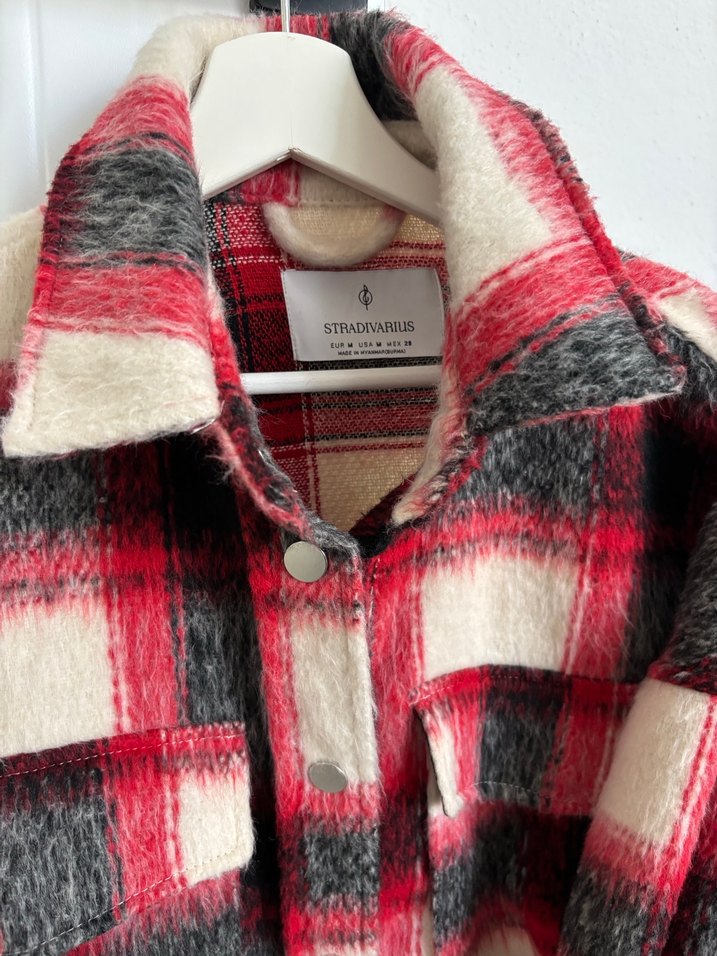 Düğmeli Kırmızı Ekose Kadın Yün ceket - Görsel 2