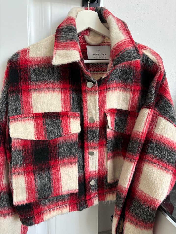Düğmeli Kırmızı Ekose Kadın Yün ceket - Görsel 3