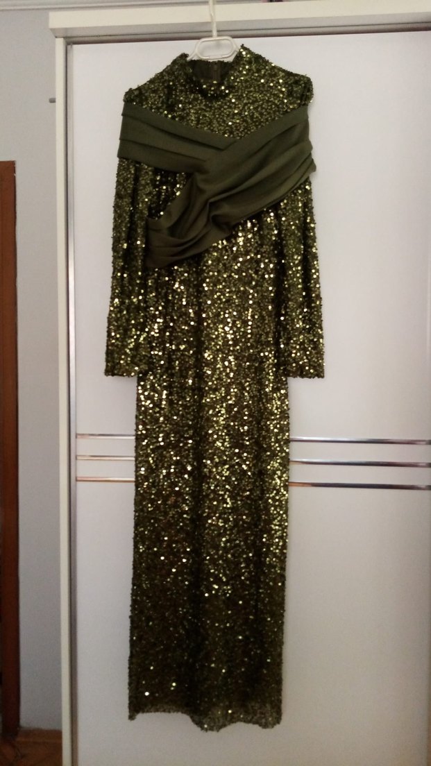 Parlak Haki payetli abiye - Görsel 5