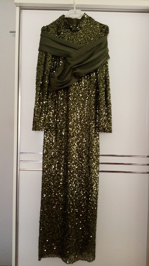 Parlak Haki payetli abiye - Görsel 4