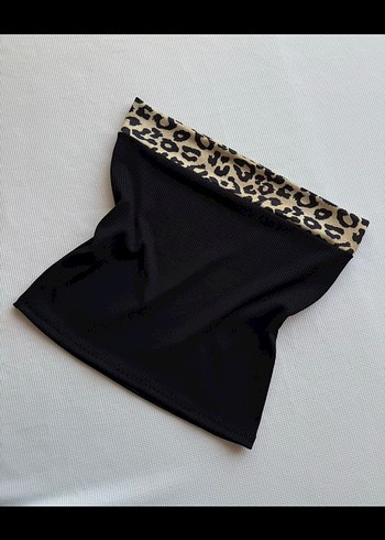 Leopar Detaylı Siyah Kadın straplez