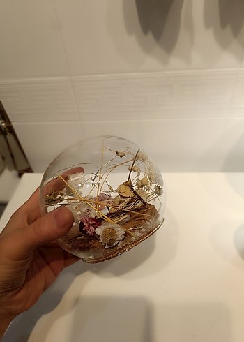 Bej Renkli Cam Küre İçinde Kuru Çiçekler - Görsel 2