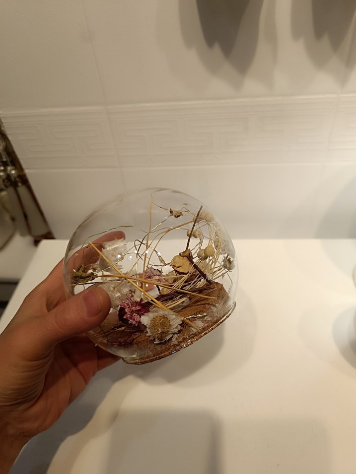 Bej Renkli Cam Küre İçinde Kuru Çiçekler - Görsel 2