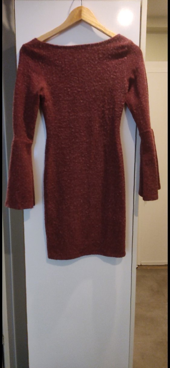 Bordo V Yaka Uzun Kollu Triko Elbise - Görsel 2