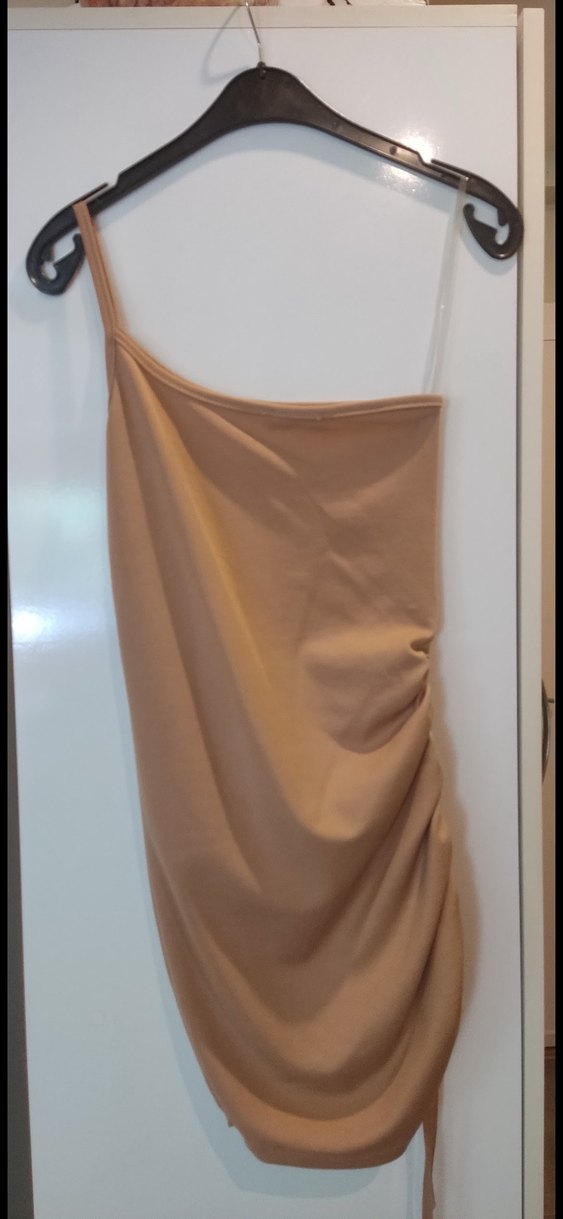 Bej Drapeli Askısız Kadın Elbise - Görsel 2