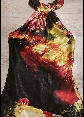 Çiçek Desenli Drapeli Uzun Kadın Elbise - Görsel 4